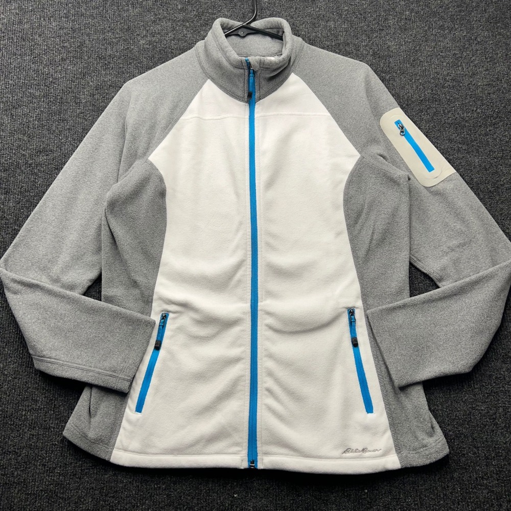 Eddie Bauer Womens Large Full Zip Fleece Jacket Gray White Blue Colorblock L